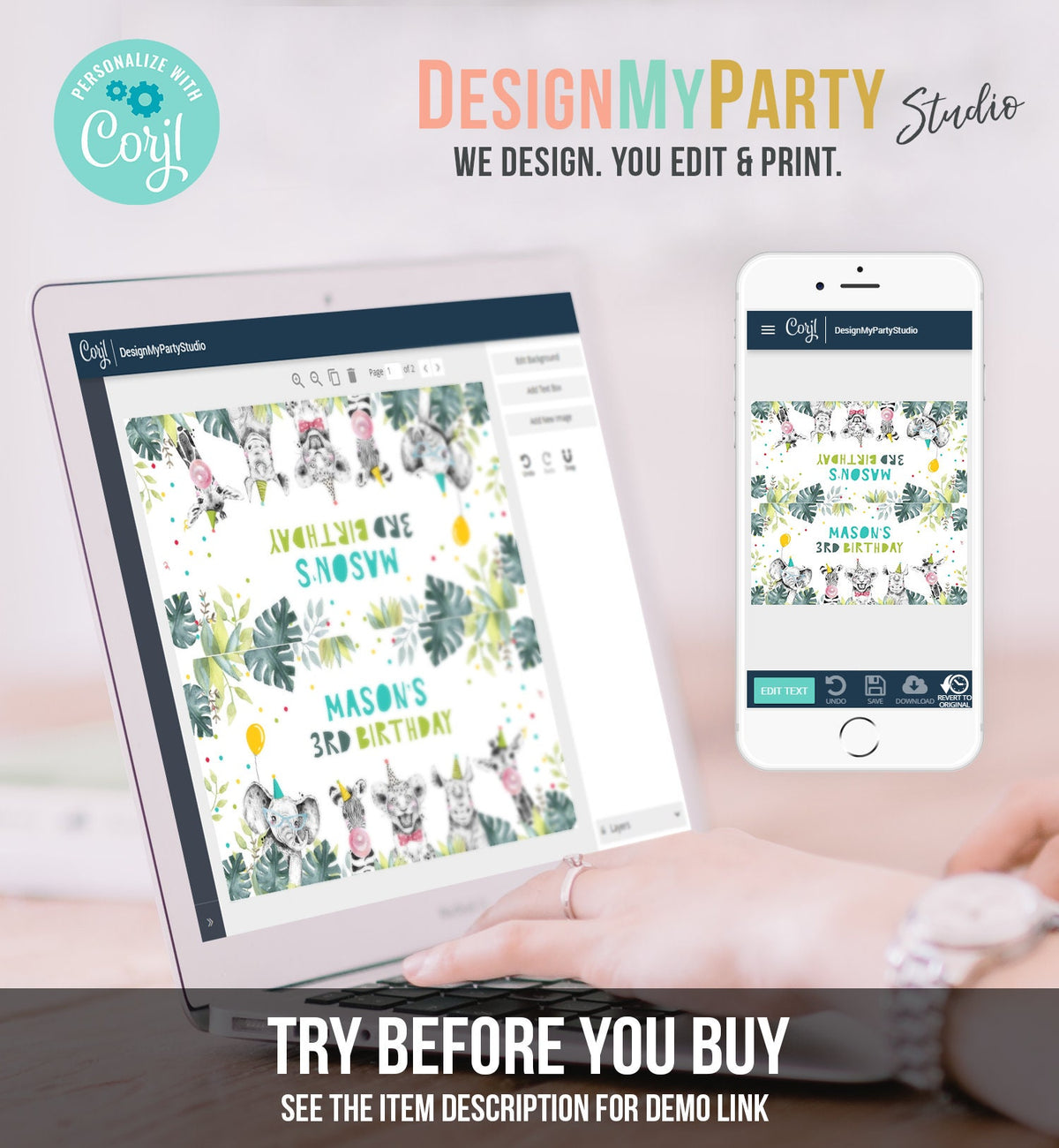 Editable Party Animals Treat Bag Toppers Safari Animals Birthday Boy Blue Wild One Favor Bag Zoo Two Wild Digital Template Printable 0322