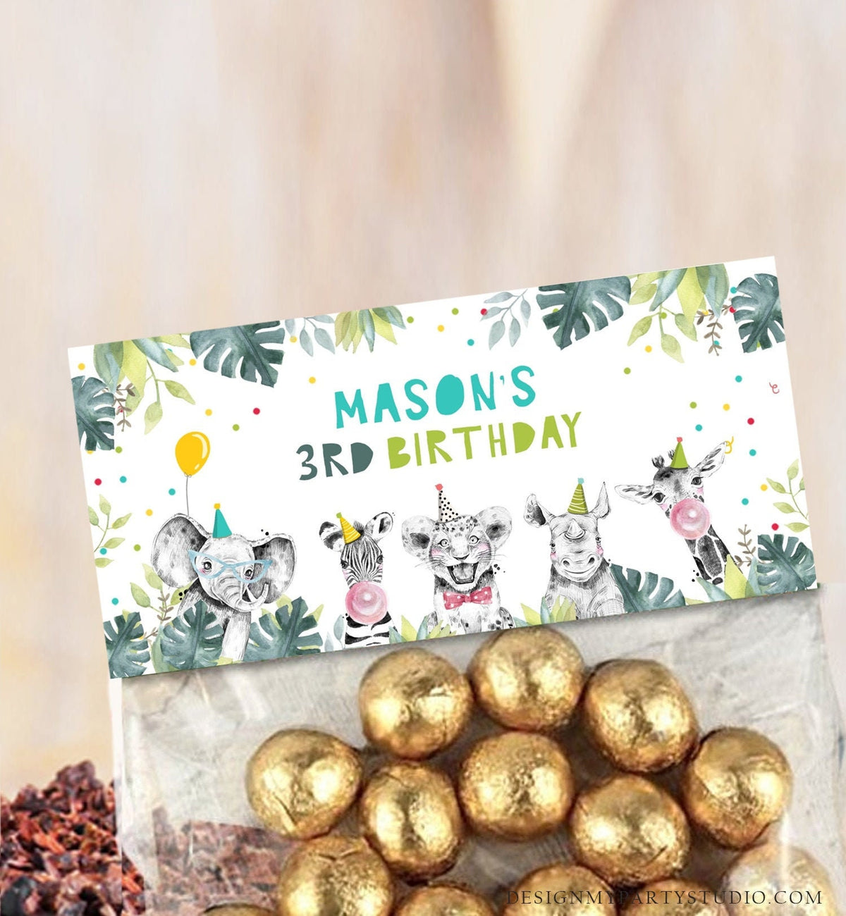 Editable Party Animals Treat Bag Toppers Safari Animals Birthday Boy Blue Wild One Favor Bag Zoo Two Wild Digital Template Printable 0322