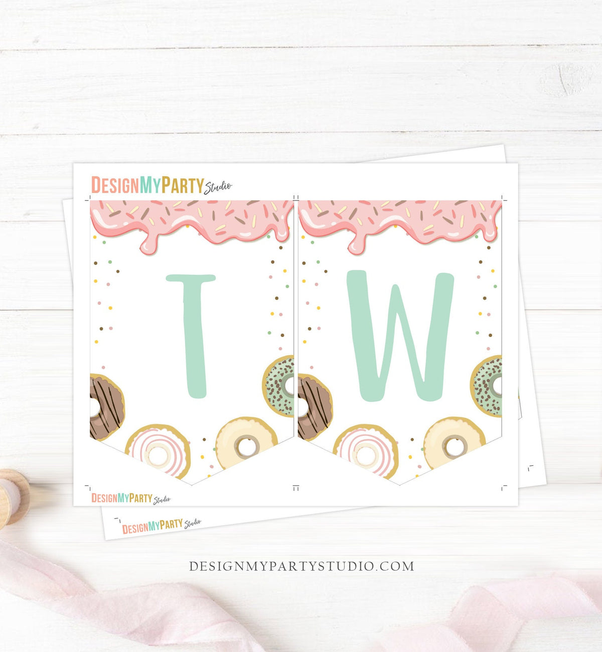 Donut High Chair Banner Girl 2nd Birthday Pink TWO sweet Donut Grow Up Birthday Party Decor Sweet Celebration Garland PRINTABLE Digital 0320