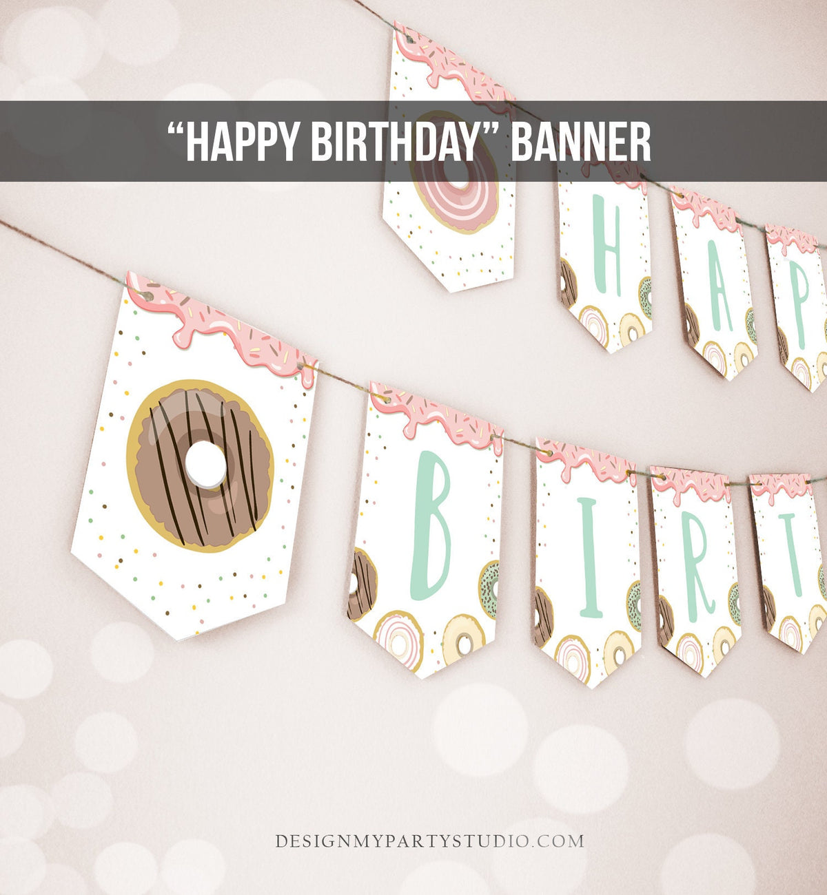 Happy Birthday Banner Donut Birthday Banner Girl Pink Pastel Donut Party Doughnut Decor Two Sweet One Download PRINTABLE DIGITAL DIY 0320