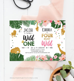 Editable Wild One Birthday Invitation Four Ever Wild Boy Girl Safari Animals Jungle Gold Joint Dual Combined Corjl Template Printable 0016