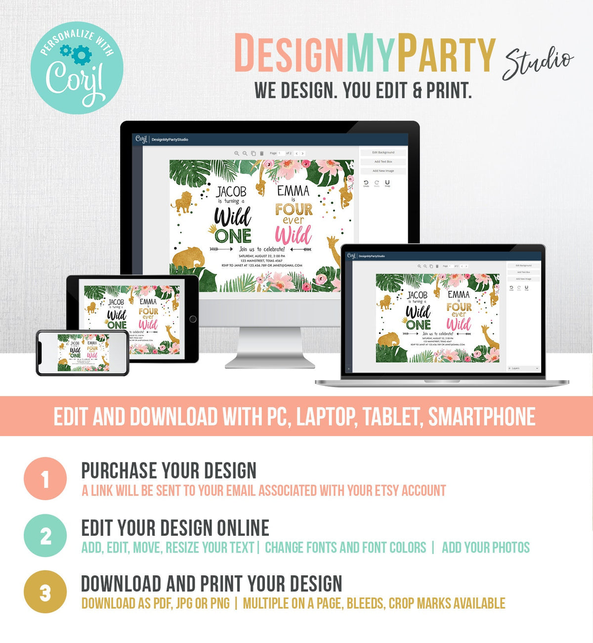 Editable Wild One Birthday Invitation Four Ever Wild Boy Girl Safari Animals Jungle Gold Joint Dual Combined Corjl Template Printable 0016