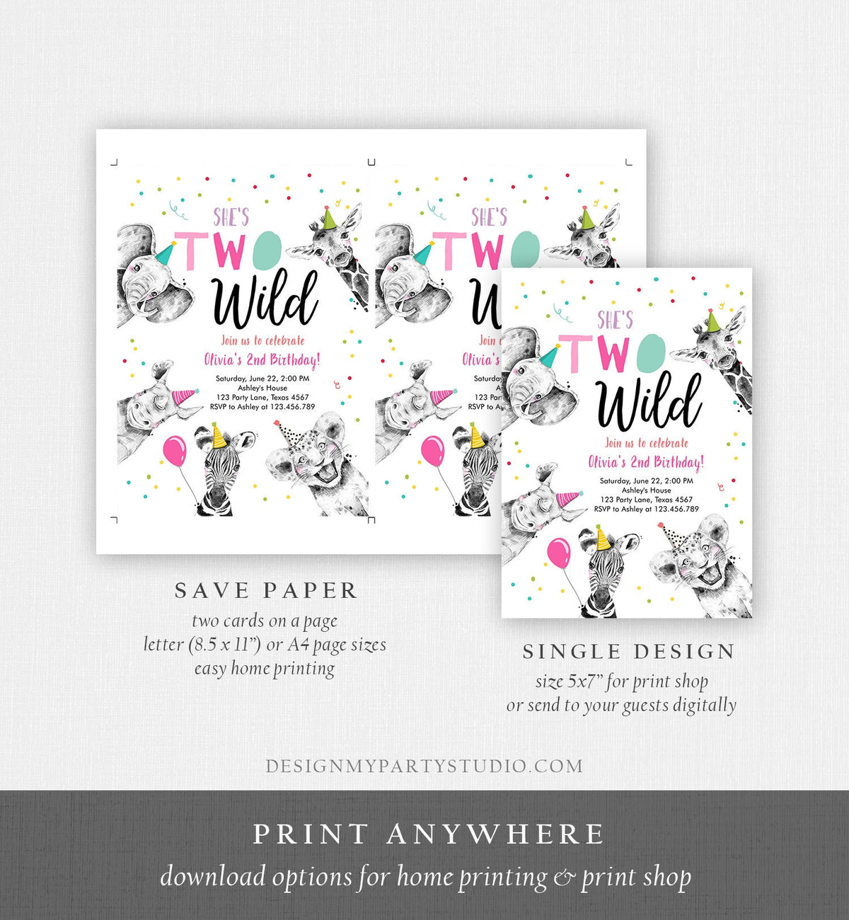 Editable Two Wild Birthday Invitation Safari Animals Party Animals Girl Pink Gold Second Birthday 2nd Confetti Corjl Template Printable 0390