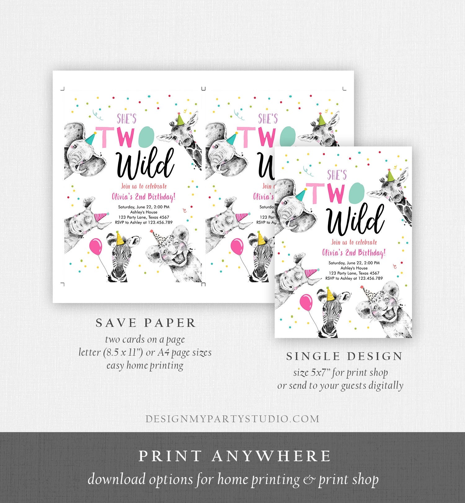 Editable Two Wild Birthday Invitation Safari Animals Party Animals Girl Pink Gold Second Birthday 2nd Confetti Corjl Template Printable 0390