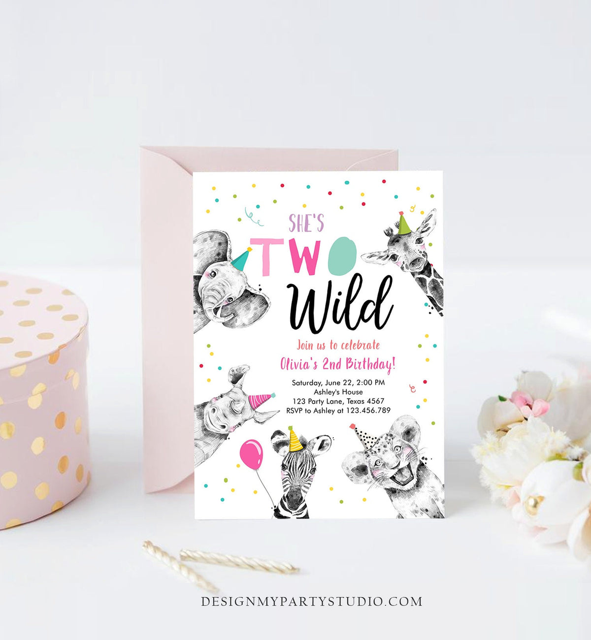 Editable Two Wild Birthday Invitation Safari Animals Party Animals Girl Pink Gold Second Birthday 2nd Confetti Corjl Template Printable 0390