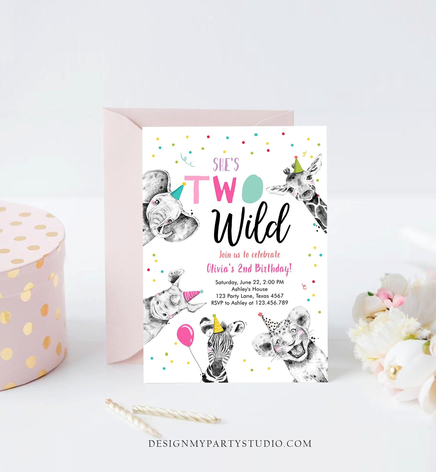 Editable Two Wild Birthday Invitation Safari Animals Party Animals Girl Pink Gold Second Birthday 2nd Confetti Corjl Template Printable 0390