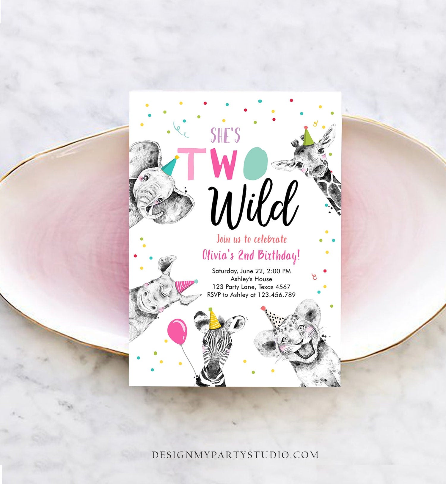 Editable Two Wild Birthday Invitation Safari Animals Party Animals Girl Pink Gold Second Birthday 2nd Confetti Corjl Template Printable 0390