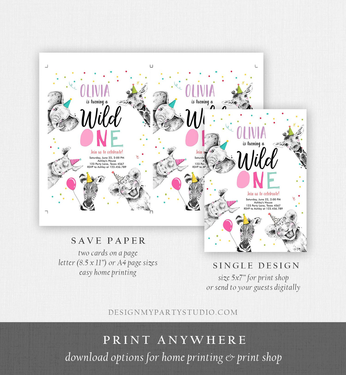 Editable Wild One Birthday Invitation Safari Animals Party Animals Girl Pink Gold First Birthday 1st Confetti Corjl Template Printable 0390