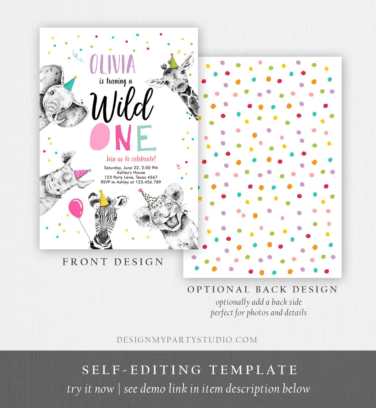 Editable Wild One Birthday Invitation Safari Animals Party Animals Girl Pink Gold First Birthday 1st Confetti Corjl Template Printable 0390