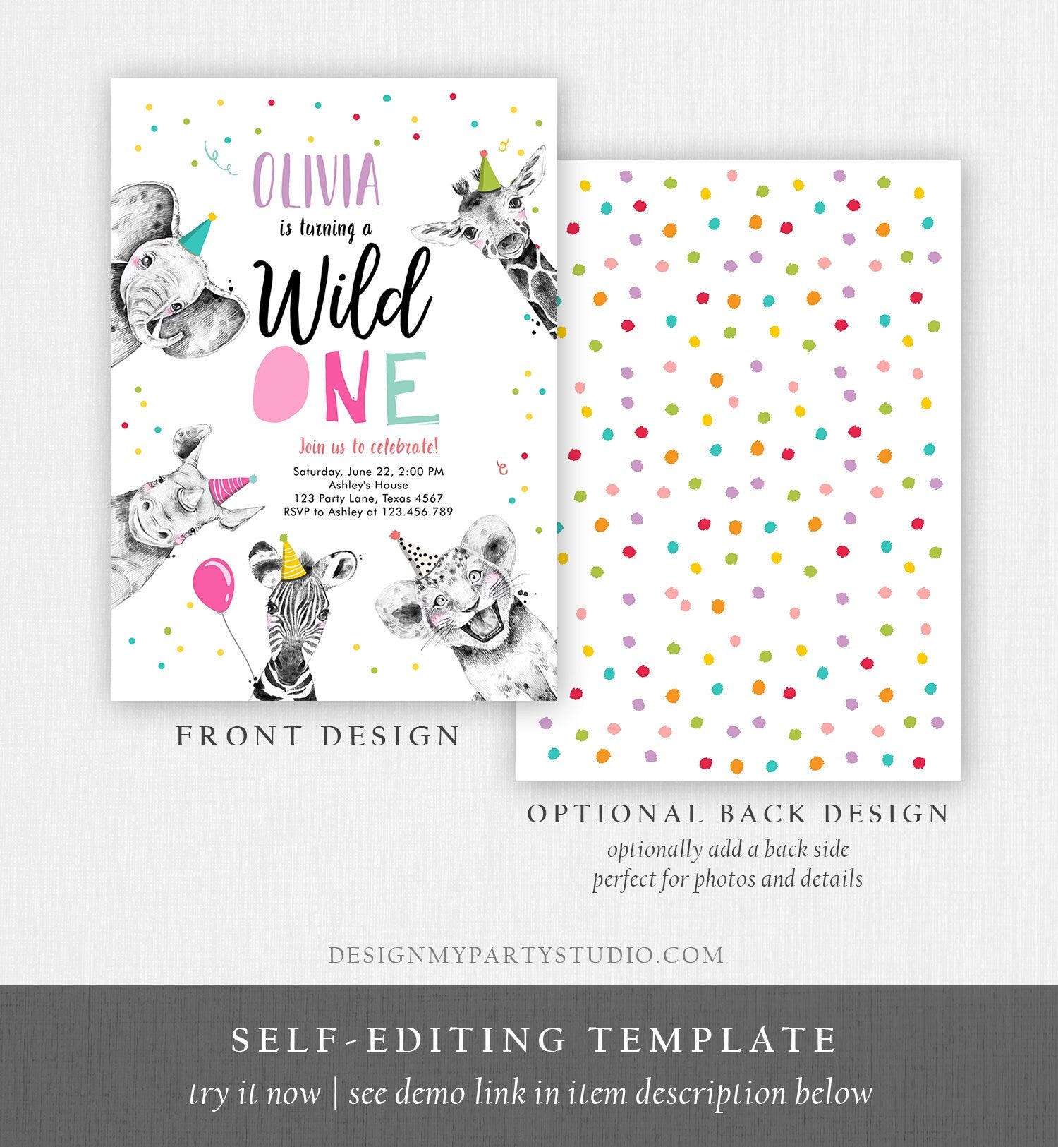 Editable Wild One Birthday Invitation Safari Animals Party Animals Girl Pink Gold First Birthday 1st Confetti Corjl Template Printable 0390