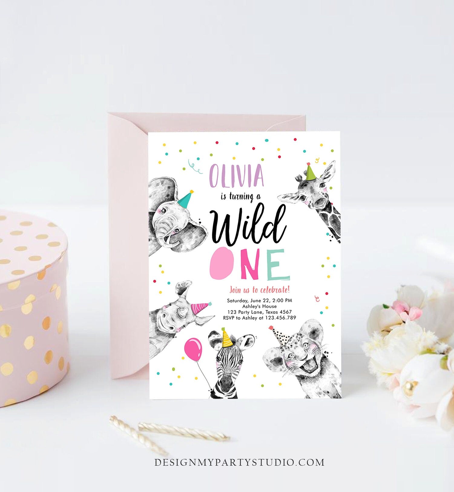 Editable Wild One Birthday Invitation Safari Animals Party Animals Girl Pink Gold First Birthday 1st Confetti Corjl Template Printable 0390