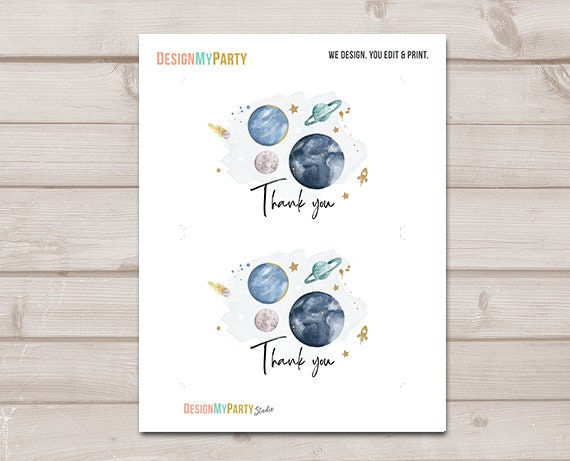 Space Thank you Card Galaxy Thank You Note 4x6&quot; Rustic Watercolor Boy Birthday Blue Two The Moon First Trip Instant Download Printable 0357