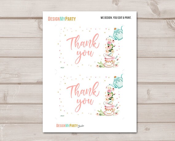 Tea Party Thank you Card Floral Tea Baby Shower Thank You Note 4x6&quot; Girl Pink Tea Birthday Tea for Two PRINTABLE Instant Download 0349