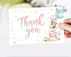 Tea Party Thank you Card Floral Tea Baby Shower Thank You Note 4x6" Girl Pink Tea Birthday Tea for Two PRINTABLE Instant Download 0349