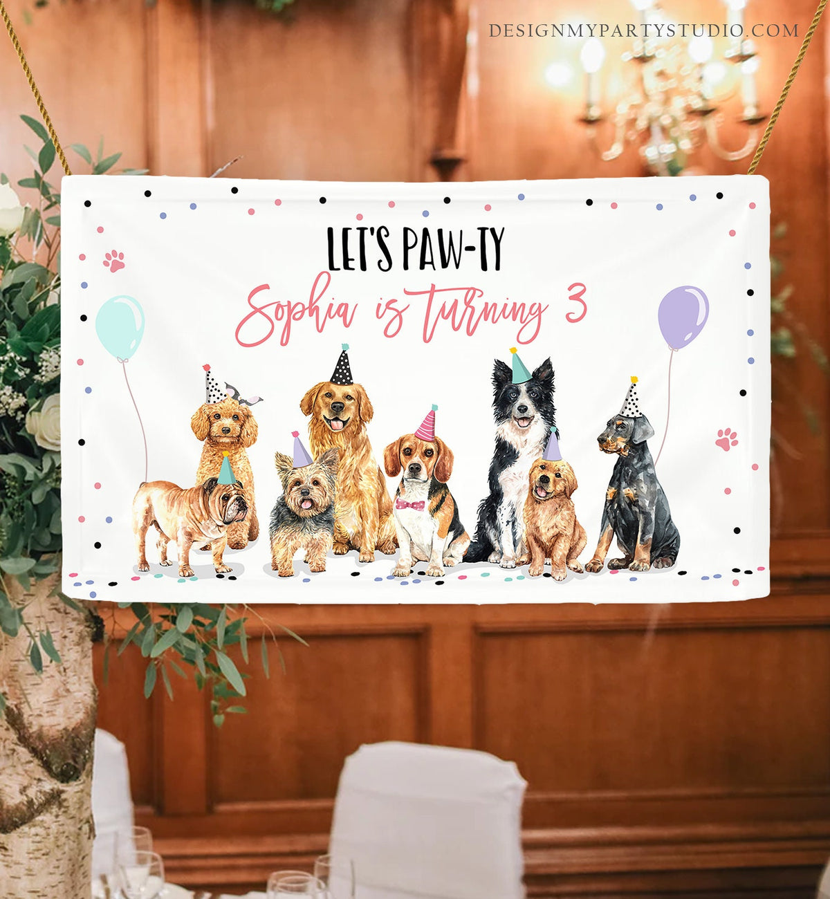 Editable Puppy Backdrop Banner Pink Dog Birthday Puppy Birthday Decorations Adopt a Pet Pawty Doggy Digital Download Template Printable 0384
