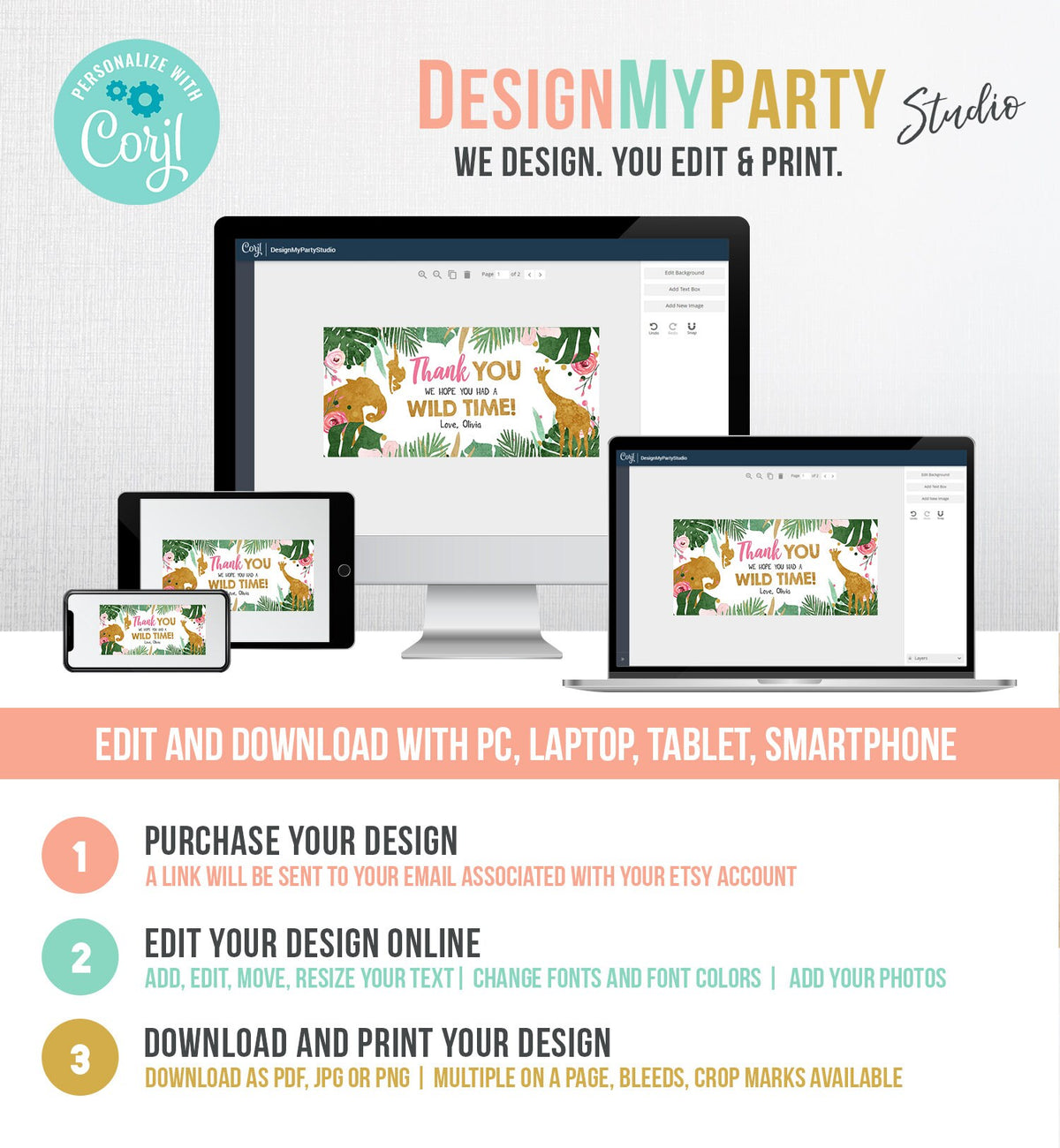 Editable Safari Animals Treat Bag Toppers Party Animals Girl Birthday Wild Time Wild One Pink Gold Zoo Digital Template Printable 0016