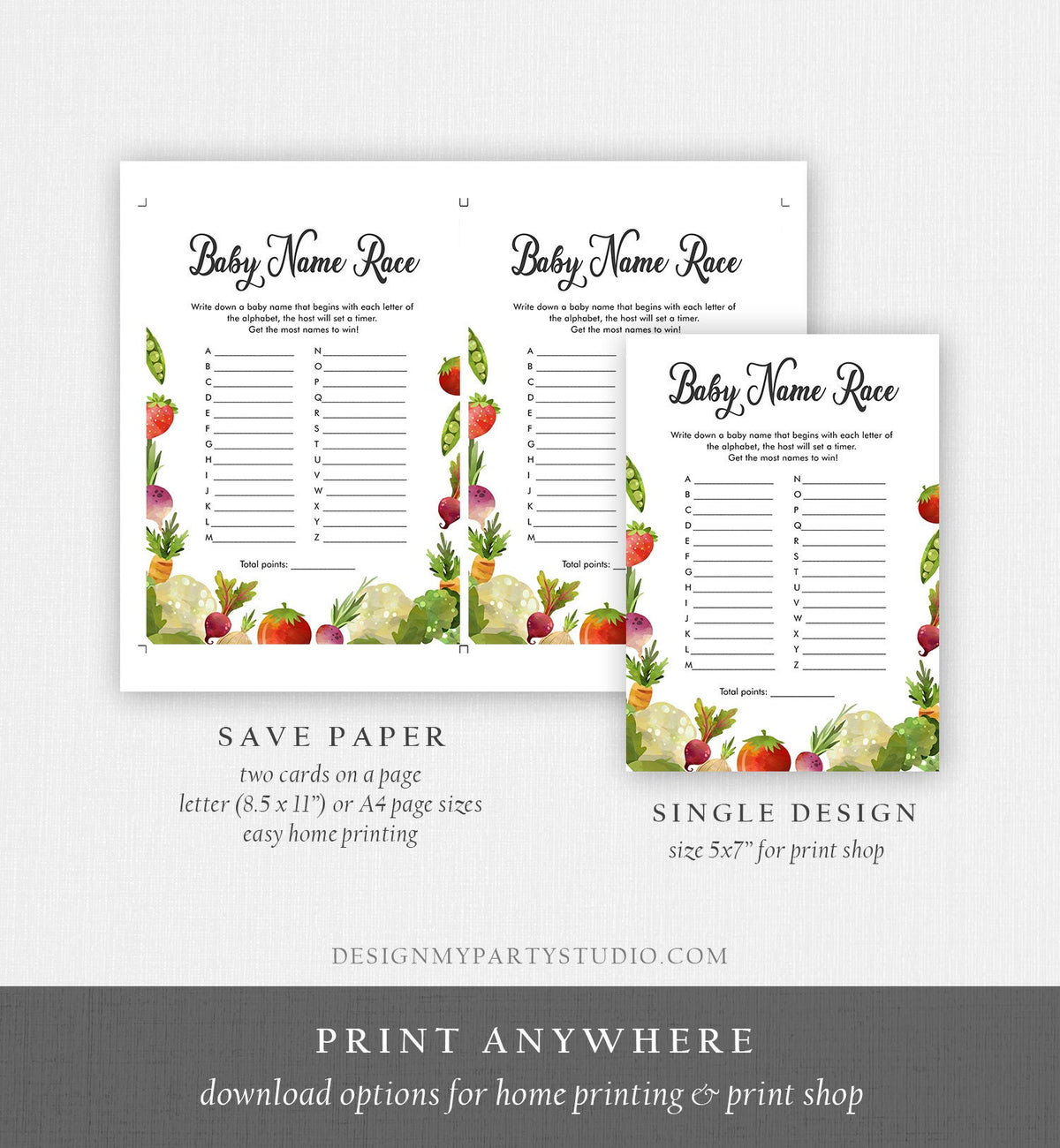 Editable Baby Name Race Baby Shower Game Locally Grown Farmers Market Fruit Vegetables Farm Barn Fun Names Digital Template Printable 0144