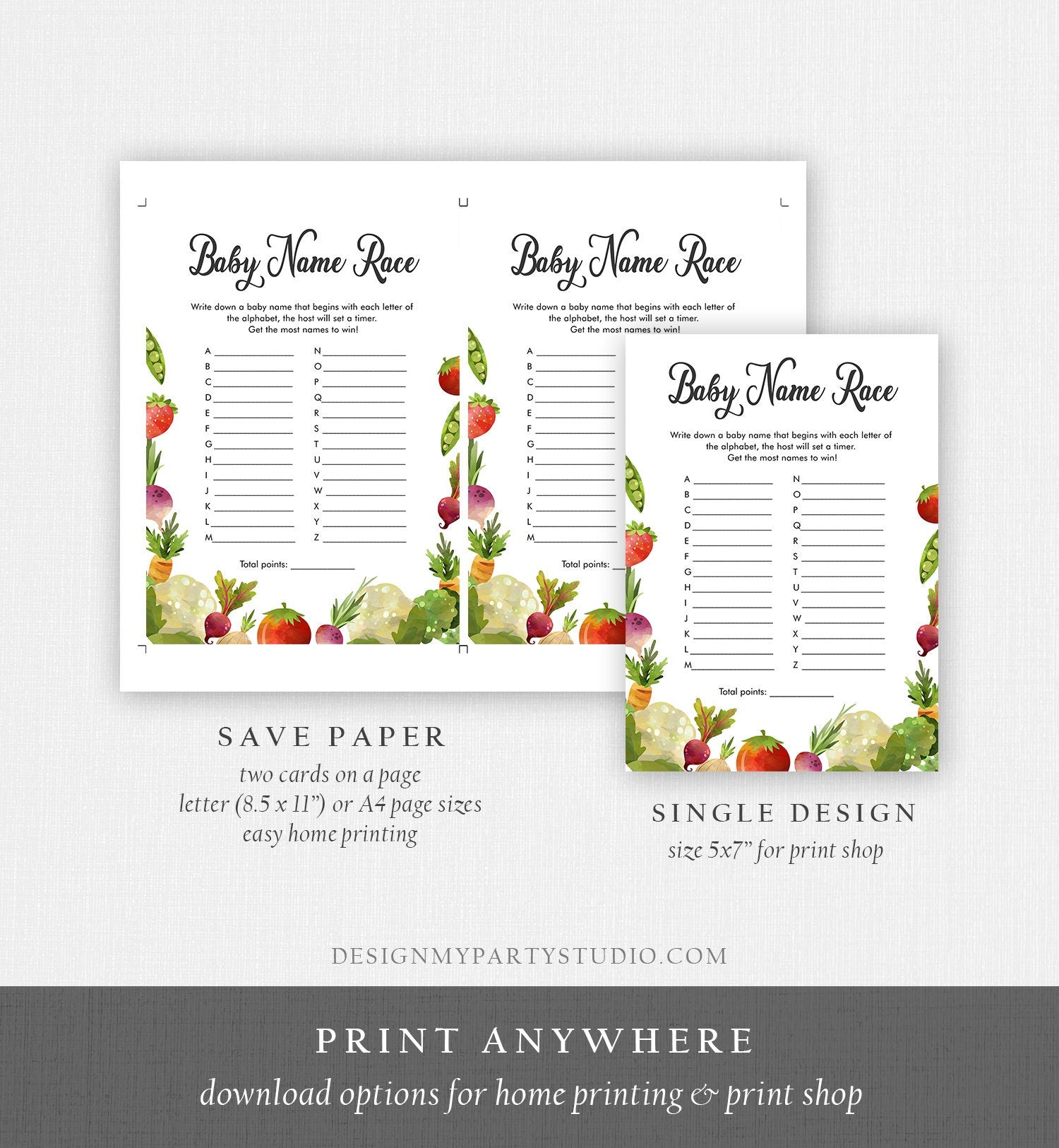 Editable Baby Name Race Baby Shower Game Locally Grown Farmers Market Fruit Vegetables Farm Barn Fun Names Digital Template Printable 0144