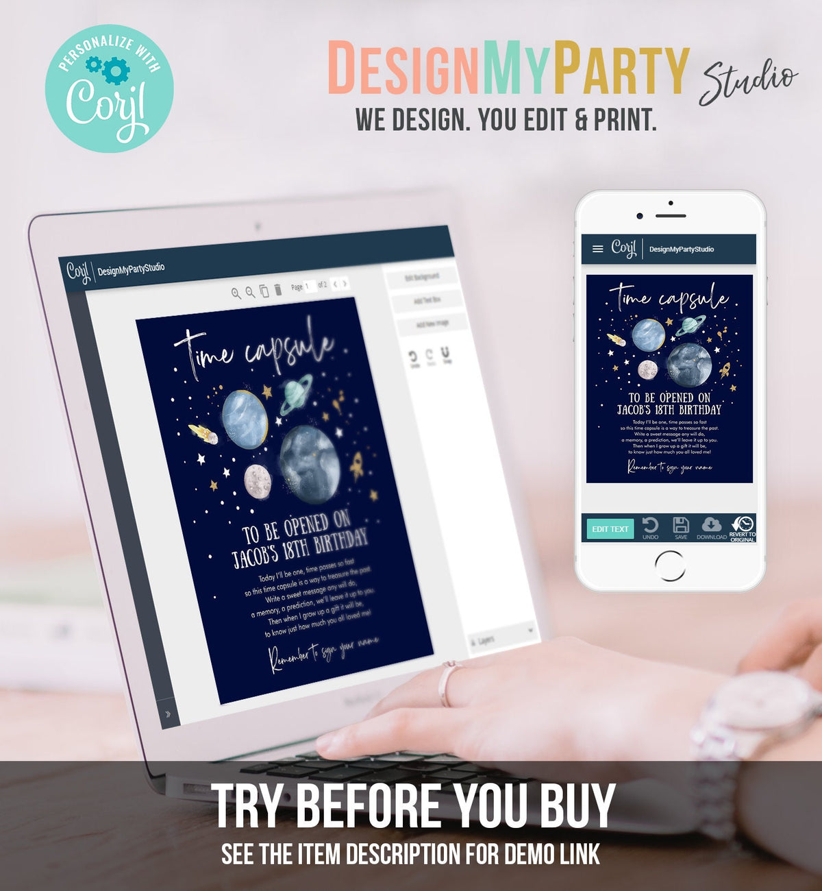 Editable Outer Space Time Capsule First Birthday Party Astronaut Rocket Birthday Moon Planets Guestbook Digital Template Printable 0357