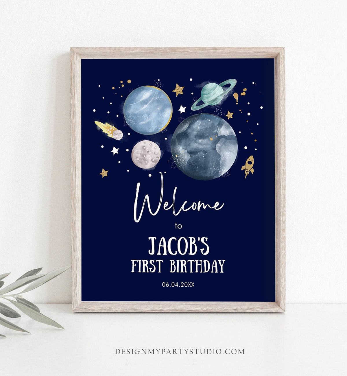 Editable Outer Space Birthday Welcome Sign 1st Birthday Boy Galaxy Planets Trip Around the Sun Astronaut Digital Template Printable 0357