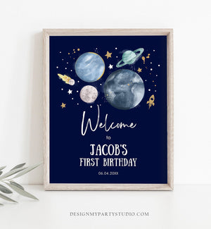 Editable Outer Space Birthday Welcome Sign 1st Birthday Boy Galaxy Planets Trip Around the Sun Astronaut Template PRINTABLE Corjl 0357