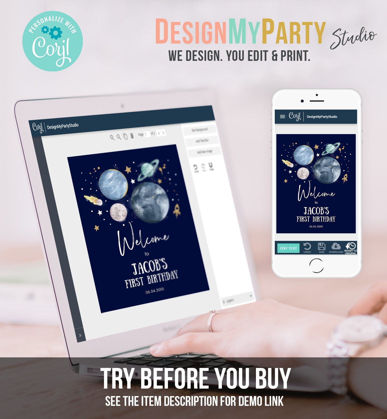 Editable Outer Space Birthday Welcome Sign 1st Birthday Boy Galaxy Planets Trip Around the Sun Astronaut Digital Template Printable 0357