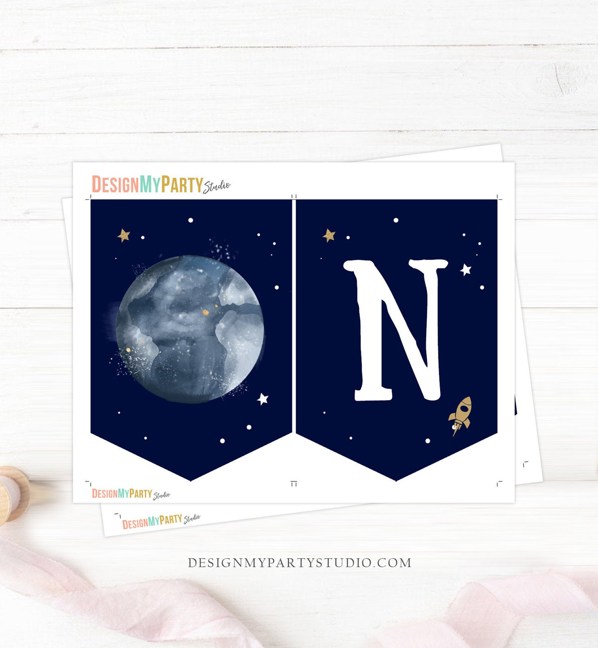Outer Space Planets High Chair Banner Silver Astronaut Rocket 1st First Birthday Boy High Chair ONE Banner Party Digital Printable 0357