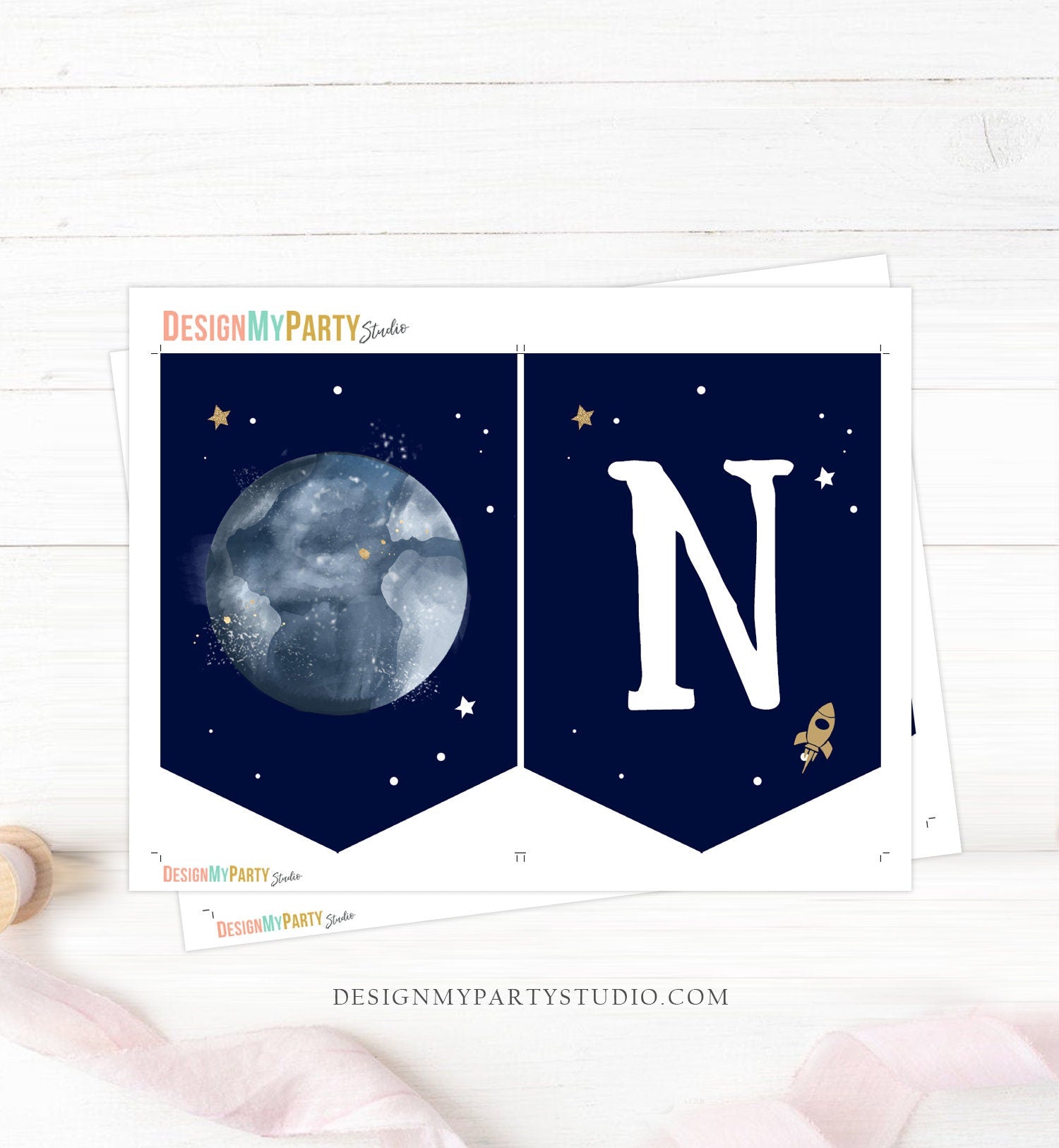 Outer Space Planets High Chair Banner Silver Astronaut Rocket 1st First Birthday Boy High Chair ONE Banner Party Digital Printable 0357