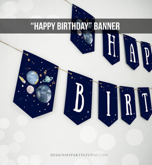 Happy Birthday Banner Outer Space Planets Banner Boy Galaxy First Birthday Decorations Rocket Instant download PRINTABLE DIGITAL DIY 0357