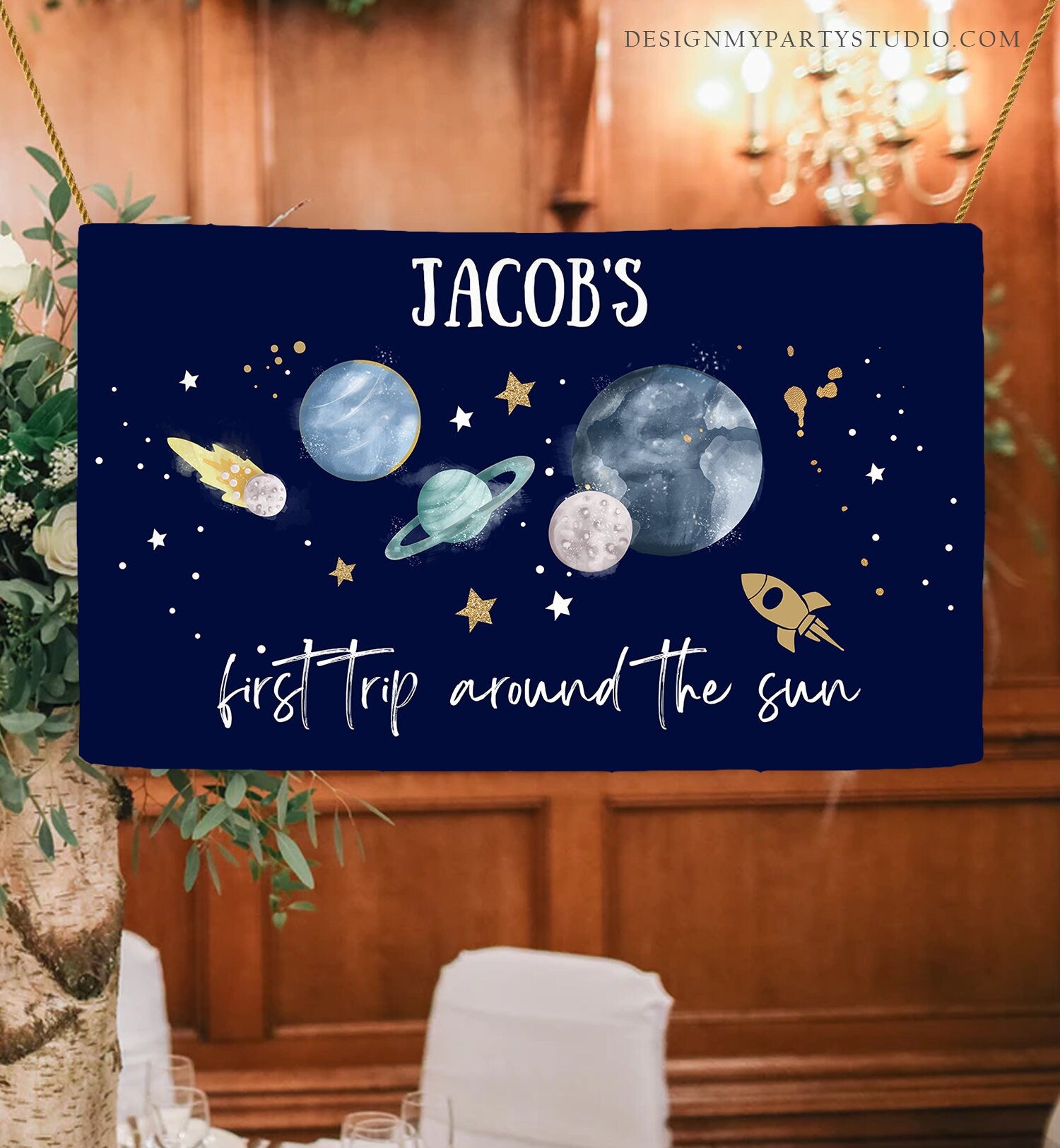 Editable Outer Space Backdrop Banner Space Birthday Boy Frist Trip Around the Sun Galaxy Planets Download Corjl Template Printable 0357