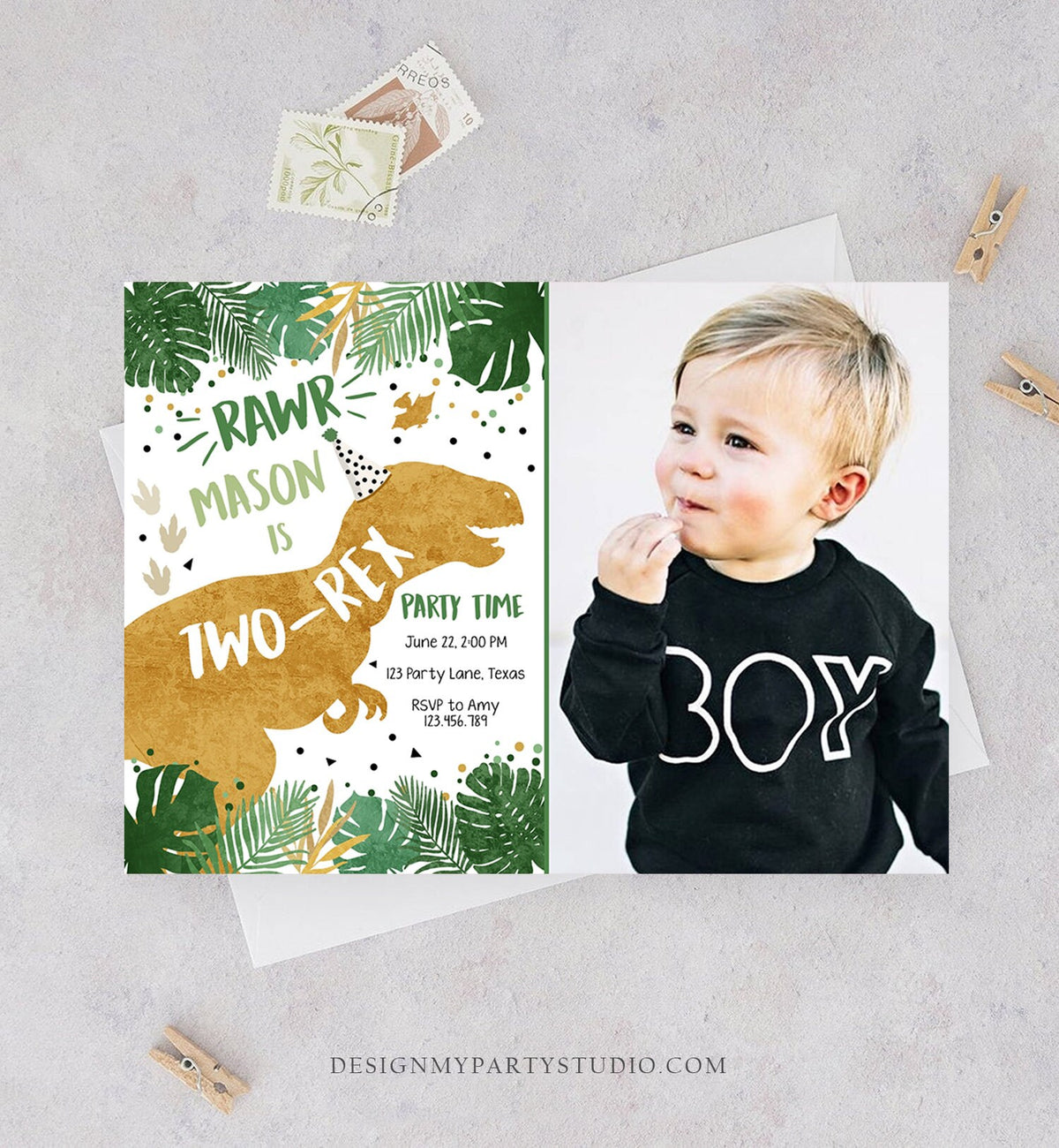 Editable Two-Rex Dinosaur Birthday Invitation Dino T-Rex Boy Second Birthday 2nd RAWR ROAR Green Gold Prehistoric Corjl Template 0146