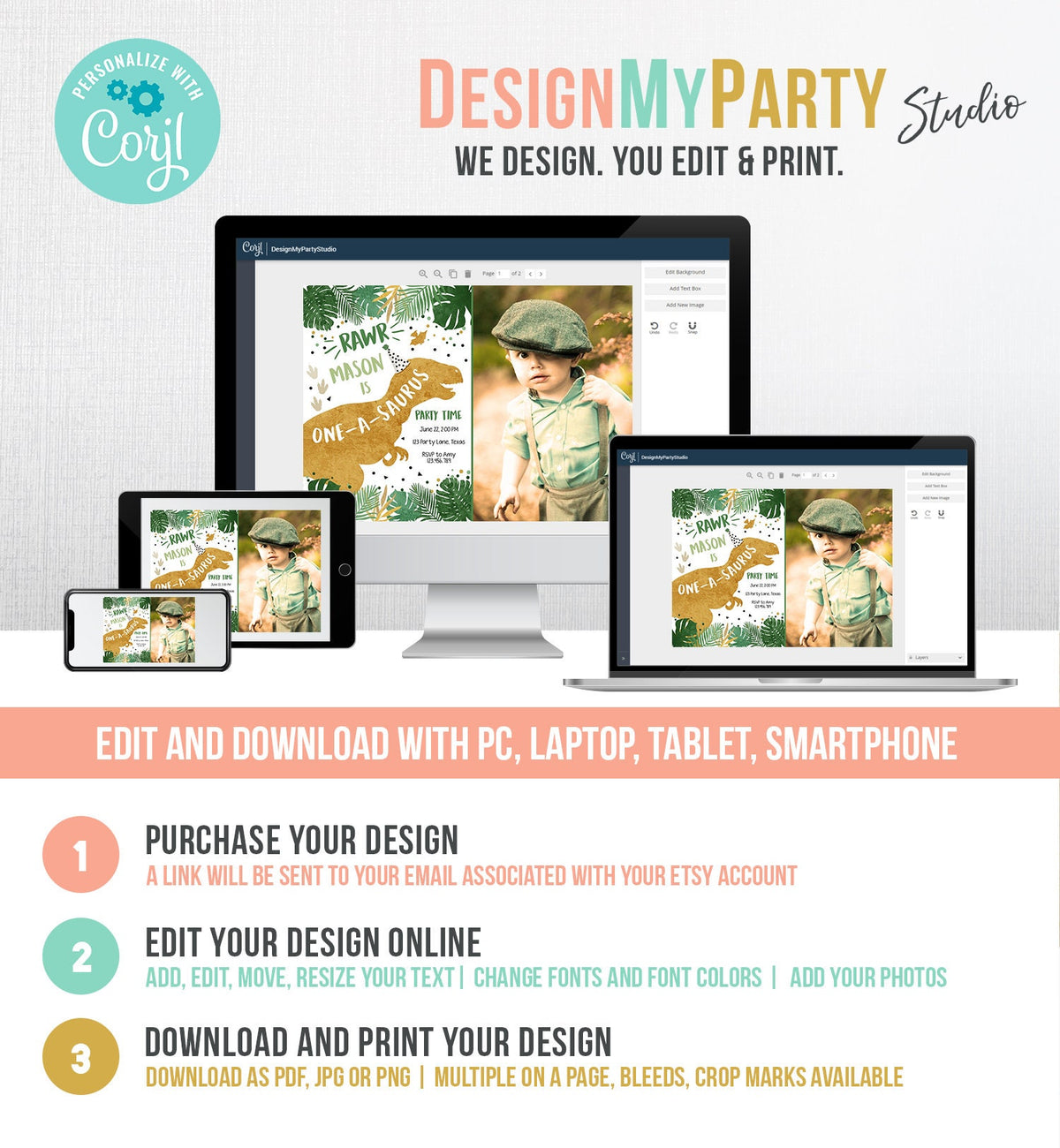 Editable One-A-Saurus Dinosaur Birthday Invitation Dino T-Rex Boy First Birthday 1st RAWR ROAR Green Gold Prehistoric Corjl Template 0146