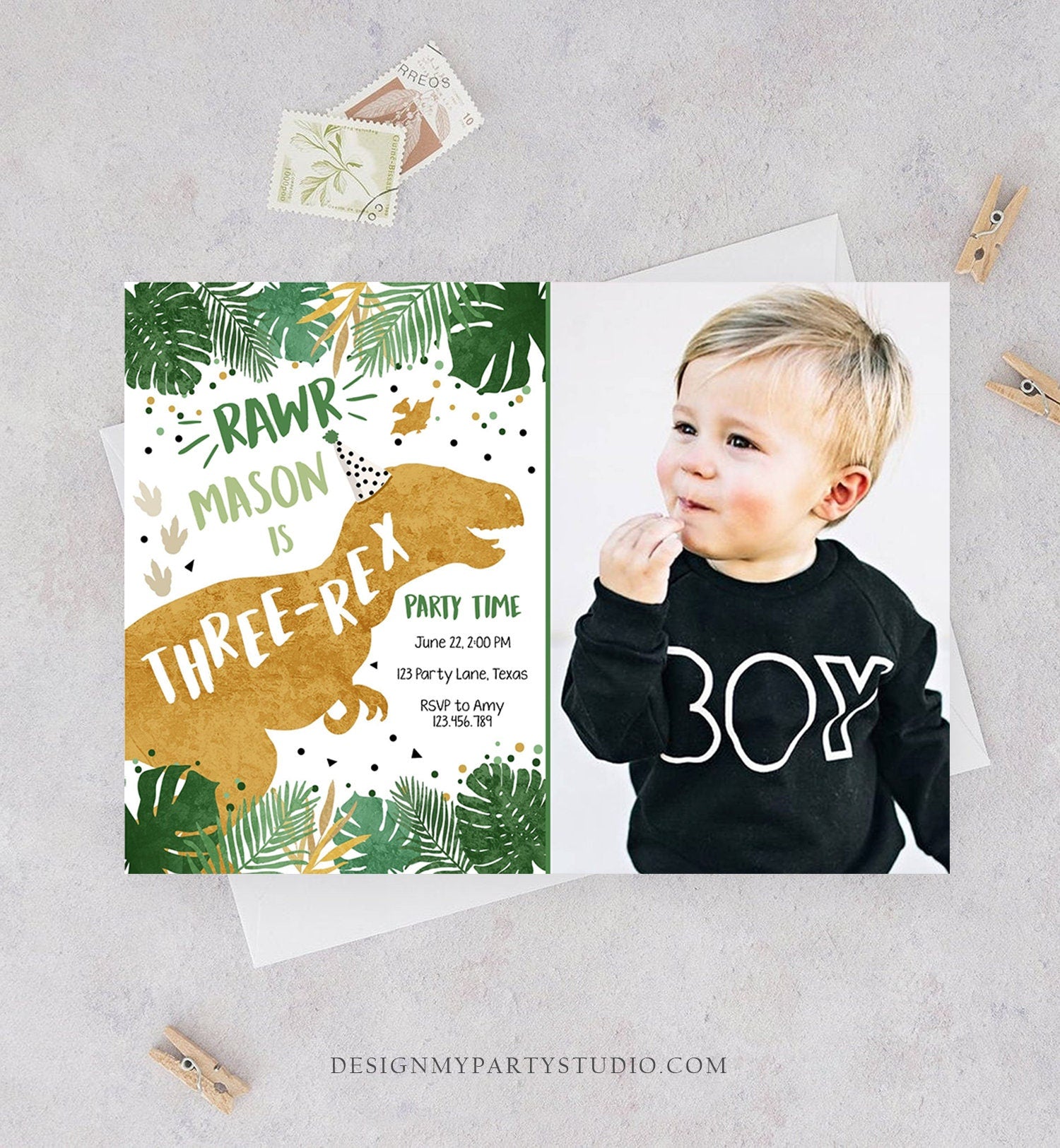 Editable Three-Rex Dinosaur Birthday Invitation Dino T-Rex Third Birthday 3rd RAWR ROAR Boy Gold Prehistoric Digital Template Printable 0146