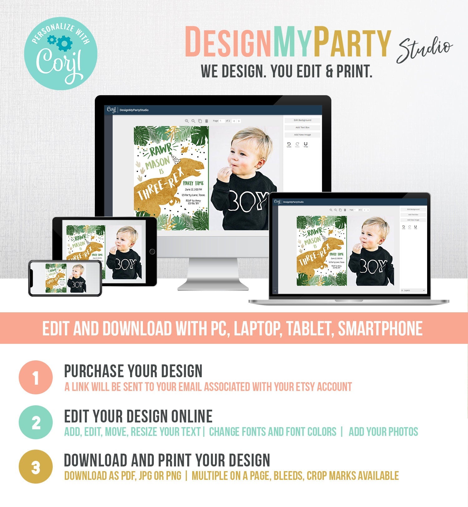 Editable Three-Rex Dinosaur Birthday Invitation Dino T-Rex Third Birthday 3rd RAWR ROAR Boy Gold Prehistoric Digital Template Printable 0146