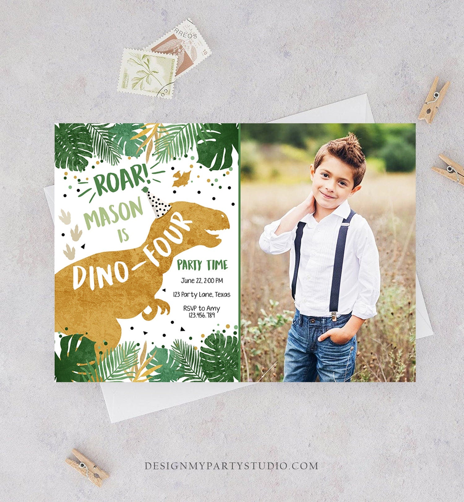 Editable Dino-Four Dinosaur Birthday Invitation Dino T-Rex Boy Fourth Birthday 4th RAWR ROAR Green Gold Corjl Template Printable 0146