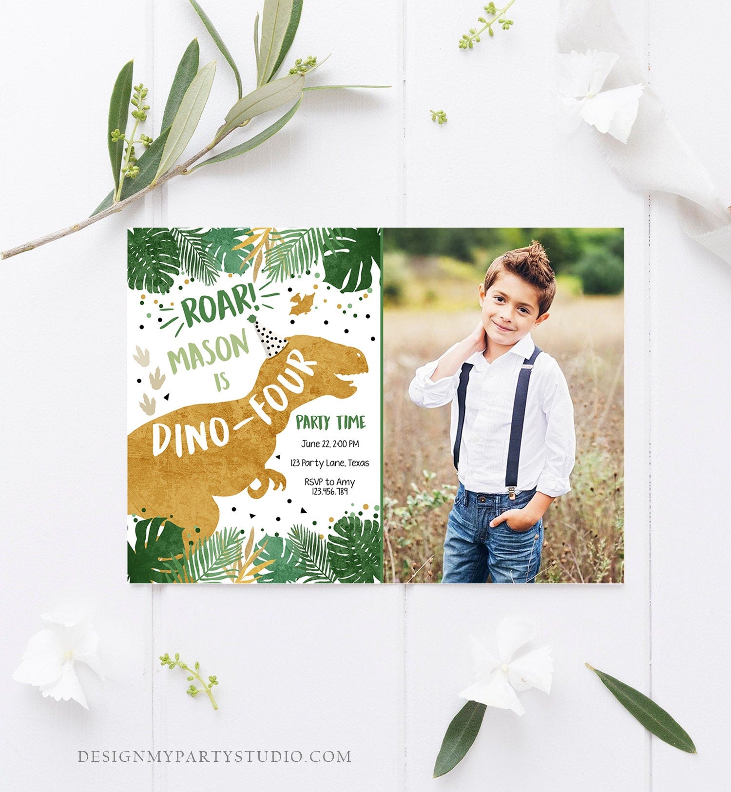 Editable Dino-Four Dinosaur Birthday Invitation Dino T-Rex Boy Fourth Birthday 4th RAWR ROAR Green Gold Corjl Template Printable 0146