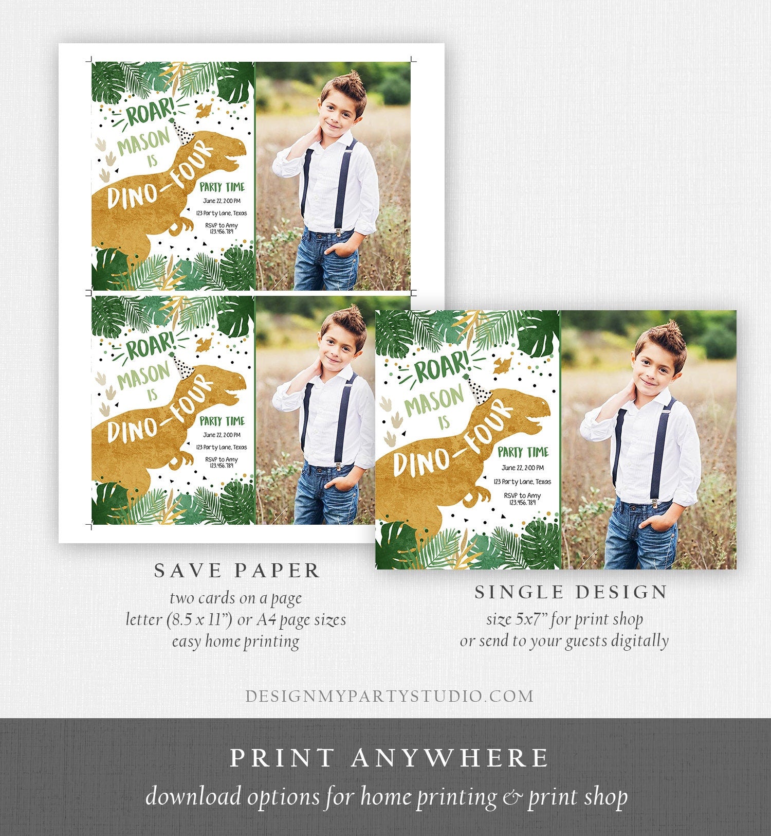 Editable Dino-Four Dinosaur Birthday Invitation Dino T-Rex Boy Fourth Birthday 4th RAWR ROAR Green Gold Corjl Template Printable 0146