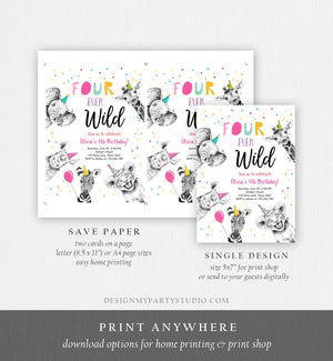 Editable Four Ever Wild Birthday Invitation Girl Pink Gold Safari Party Animals Fourth Birthday 4th Printable Template Digital Corjl 0390