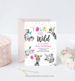Editable Four Ever Wild Birthday Invitation Girl Pink Gold Safari Party Animals Fourth Birthday 4th Printable Template Digital Corjl 0390