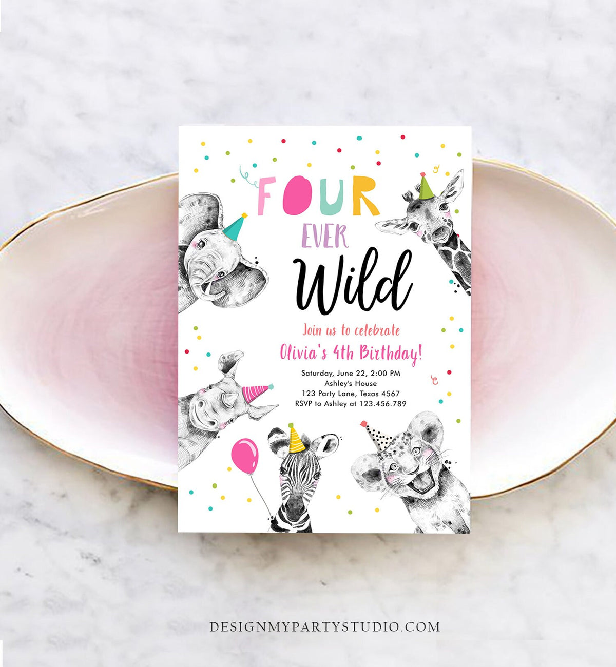 Editable Four Ever Wild Birthday Invitation Girl Pink Gold Safari Party Animals Fourth Birthday 4th Printable Template Digital Corjl 0390