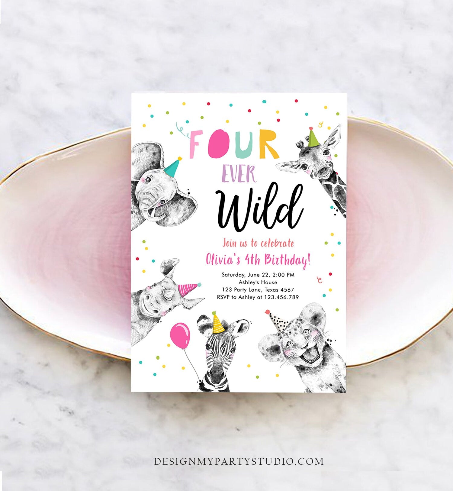 Editable Four Ever Wild Birthday Invitation Girl Pink Gold Safari Party Animals Fourth Birthday 4th Printable Template Digital Corjl 0390