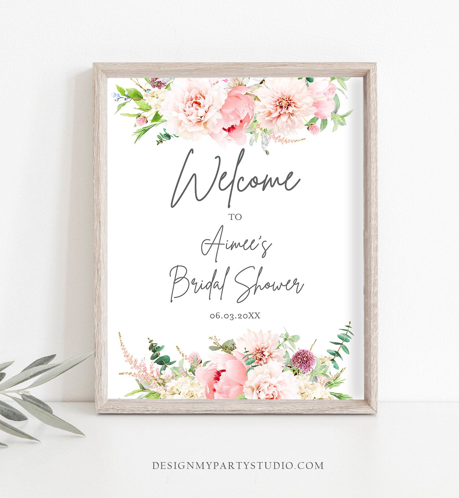 Editable Bridal Shower Welcome Sign Botanical Pink Floral Flowers Wedding Welcome Signage Garden Download Corjl Template Printable 0167