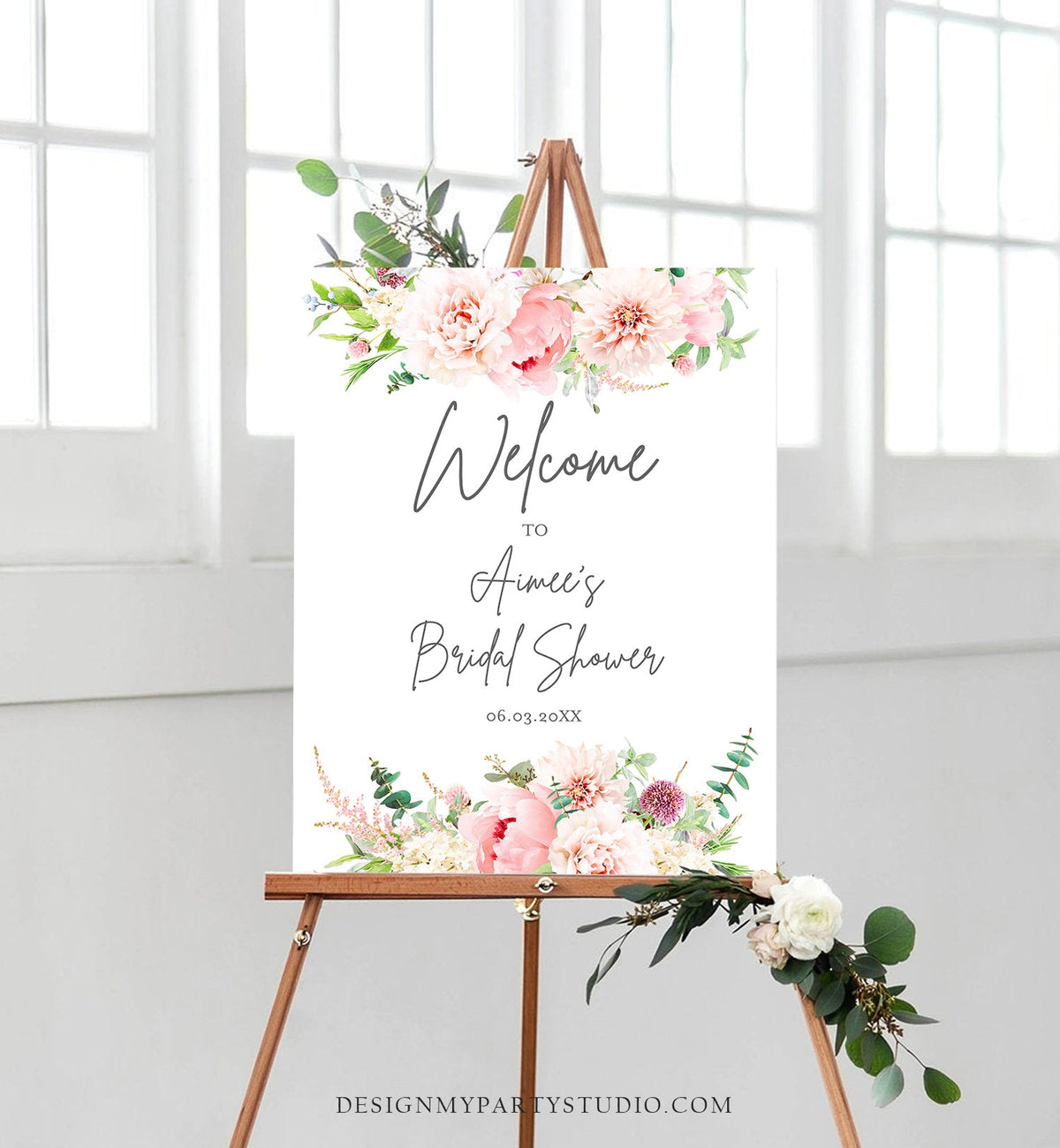 Editable Bridal Shower Welcome Sign Botanical Pink Floral Flowers Wedding Welcome Signage Garden Download Corjl Template Printable 0167