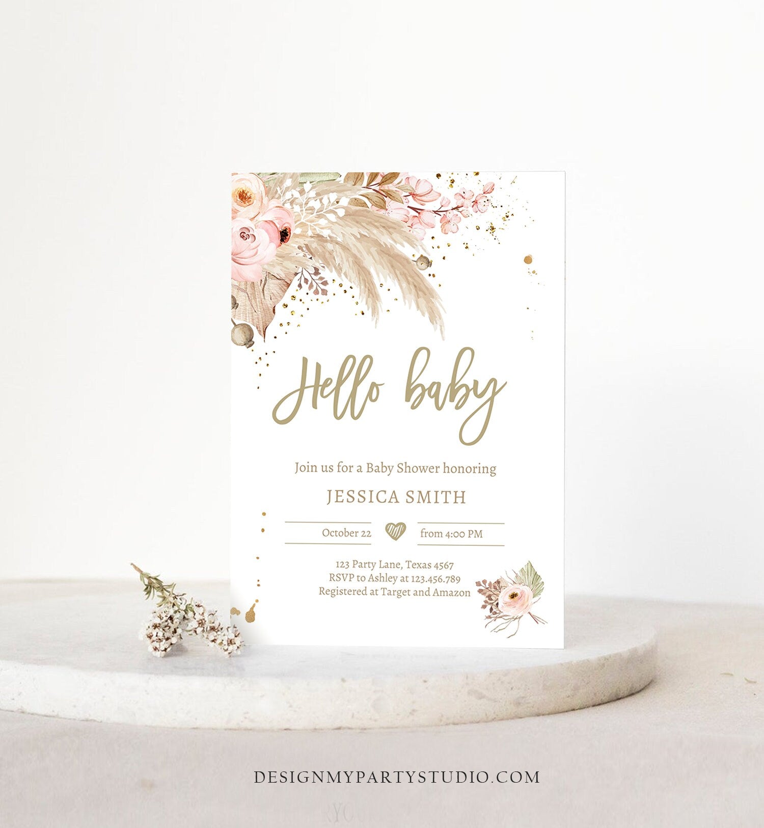 Editable Pampas Grass Baby Shower Invitation Boho Baby Shower Bohemian Shower Tropical Digital Download Evite Template Printable 0395