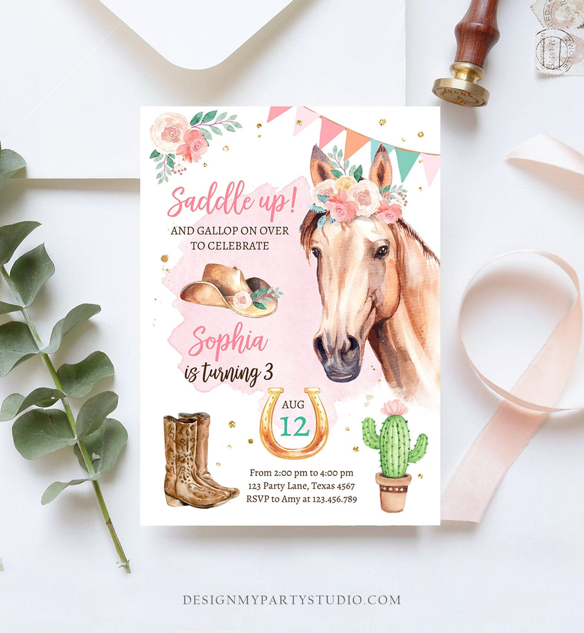 Editable Cowgirl Birthday Invitation Girl Saddle Up Watercolor Horse Party Horse Birthday Pink Digital Download Template Printable 0398