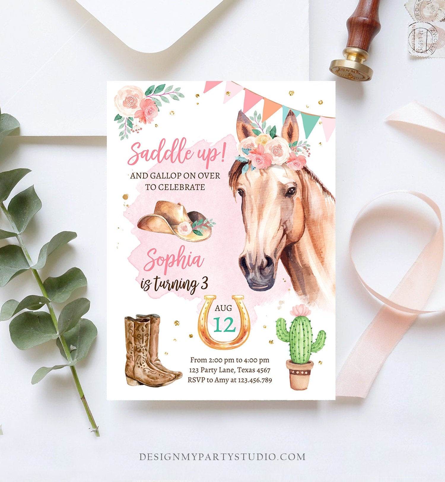 Editable Cowgirl Birthday Invitation Girl Saddle Up Watercolor Horse Party Horse Birthday Pink Digital Download Template Printable 0398