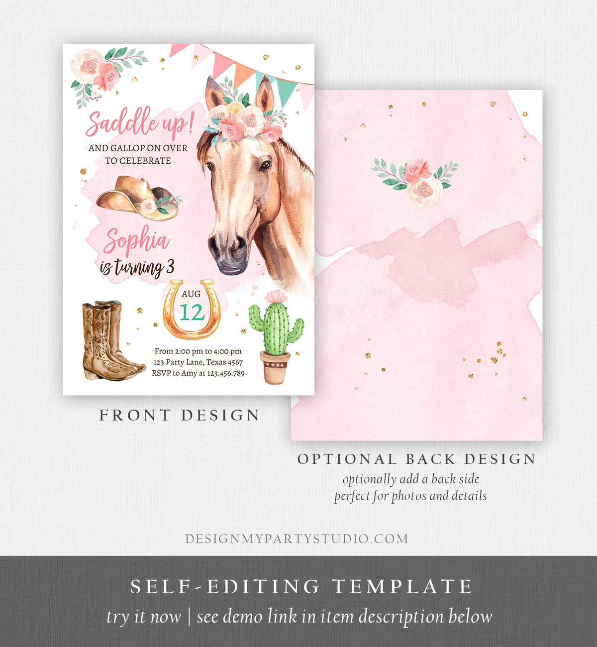 Editable Cowgirl Birthday Invitation Girl Saddle Up Watercolor Horse Party Horse Birthday Pink Digital Download Template Printable 0398