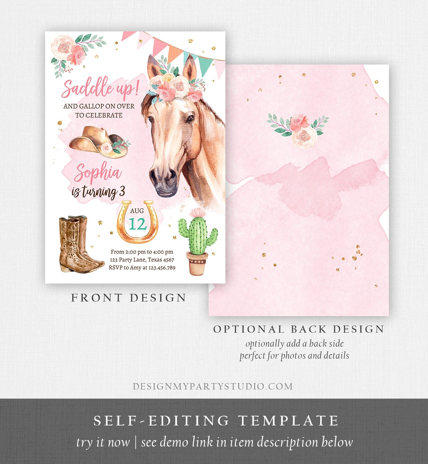 Editable Cowgirl Birthday Invitation Girl Saddle Up Watercolor Horse Party Horse Birthday Pink Digital Download Template Printable 0398