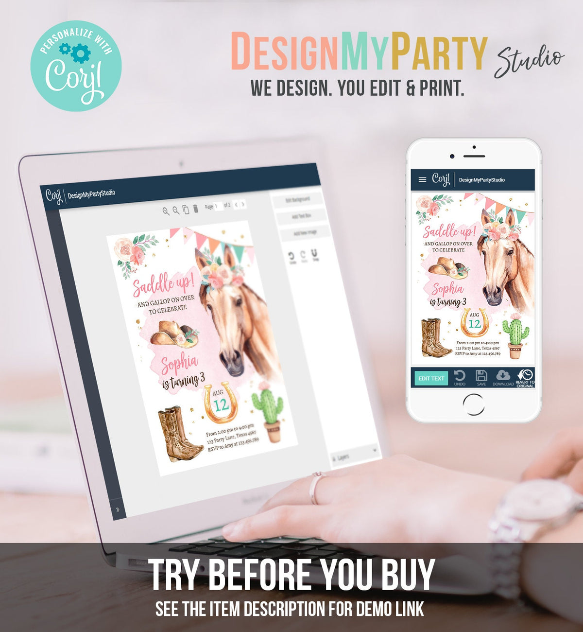 Editable Cowgirl Birthday Invitation Girl Saddle Up Watercolor Horse Party Horse Birthday Pink Digital Download Template Printable 0398