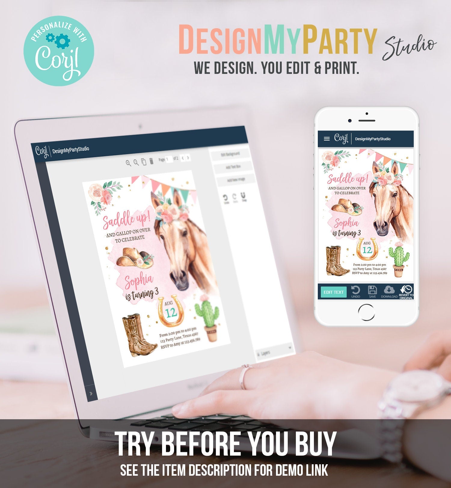 Editable Cowgirl Birthday Invitation Girl Saddle Up Watercolor Horse Party Horse Birthday Pink Digital Download Template Printable 0398